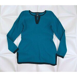 J' Envie New York Sz S Knit Sweater Tunic Top Womens Turquoise Black Trim Blouse